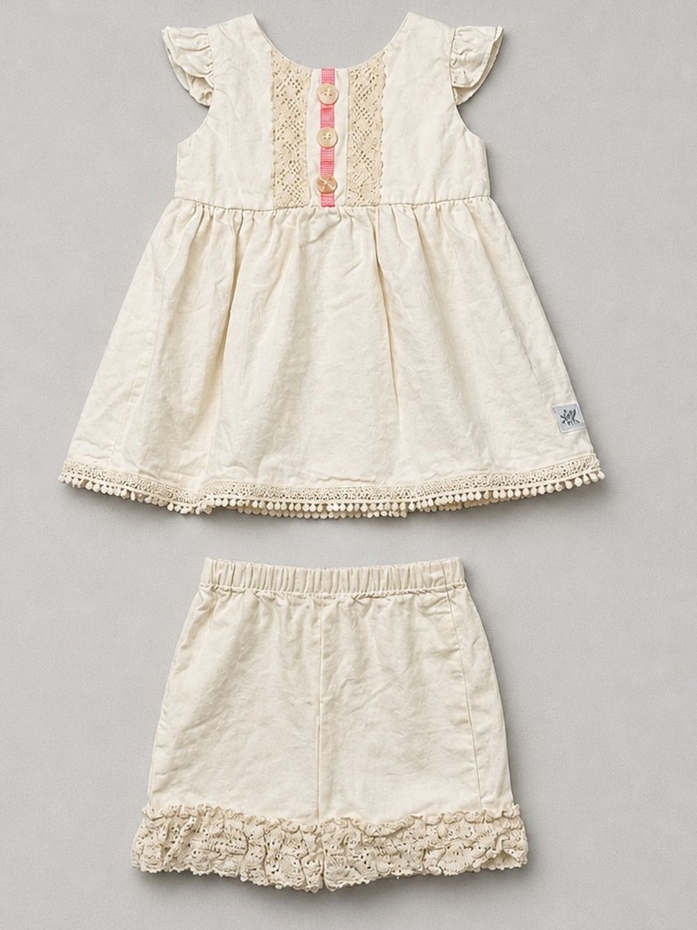 Darling Mae by Ricrac & Ruffles cream 2 piece short set with crochet details